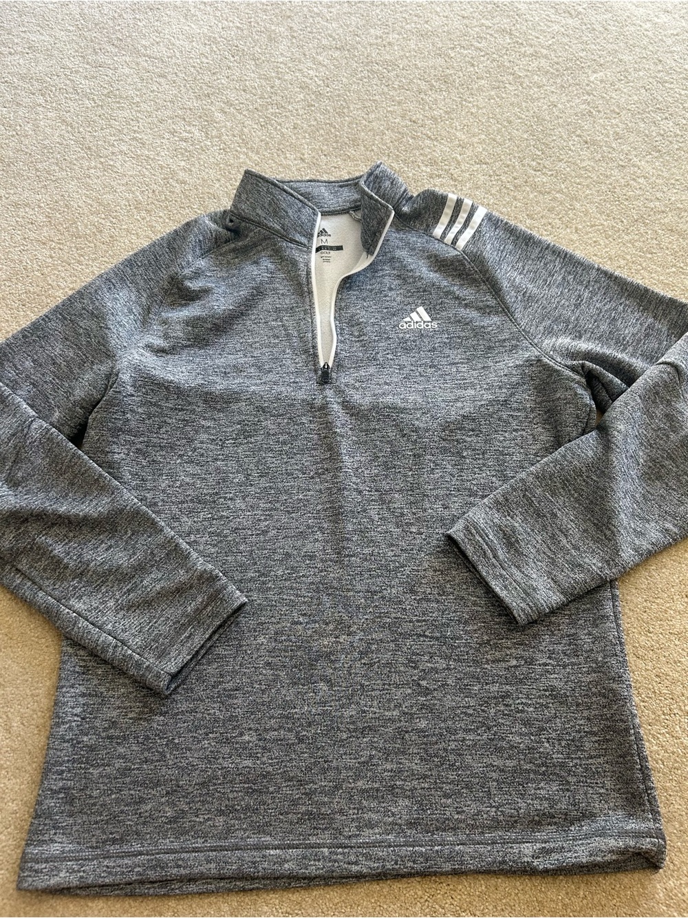 adidas Men’s Grey Half-Zip Pullover with White Logo & Shoulder Stripes